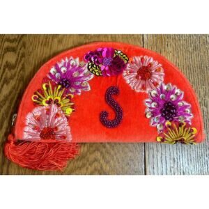 Anna Harlow Russo x Anthropologie Monogram “S” Orange Velvet Beaded Clutch NWOT